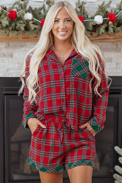 Dearlovers Red Plaid Contrast Patched Christmas Holiday Long Sleeve Shirt and Short 2pcs Pajama Set