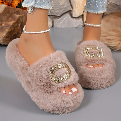 [Luxury Slip-On] Plush Faux Fur Women's Slip-On Slippers | Thick Cushioned Rubber Sole & Metallic Buckle Accents - All-Season Indoor/Outdoor House Shoes in Black, Beige, White, Brown, Comfort Footwear, Luxury Slipon, Soft Sli