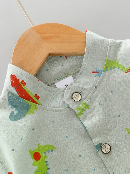 2pcs Toddler Dinosaur Print Short Sleeve Shirt & Shorts Set - Boys Summer Clothes, Elastic Waist, Button Front, Short Sets