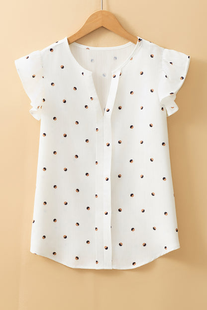 White Polka Dot Print Ruffled Shoulder V Neck Tank Top