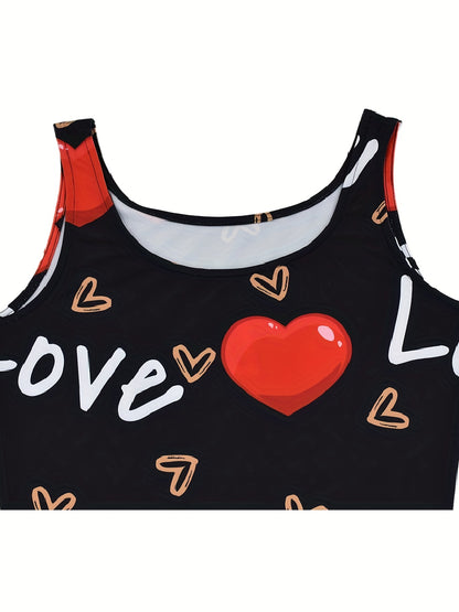 Heart & Letter Print Tank Dress, Casual Sleeveless U Neck Slim Dress, Women's Clothing