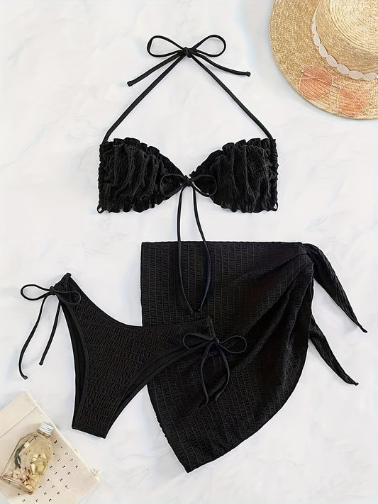 Solid Color Fashion 3 Piece Set Bikini, Halter Neck Lettuce Trim Tie Side High Cut With Cover Up Skirt Swimsuits, Women's Swimwear & Clothing