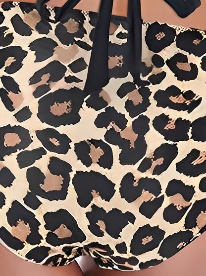 1pc Women'S Sexy Leopard Print Bikini Set, High Elastic Polyester Knit Fabric, Tie-Up Detail, Two-Piece Swimsuit