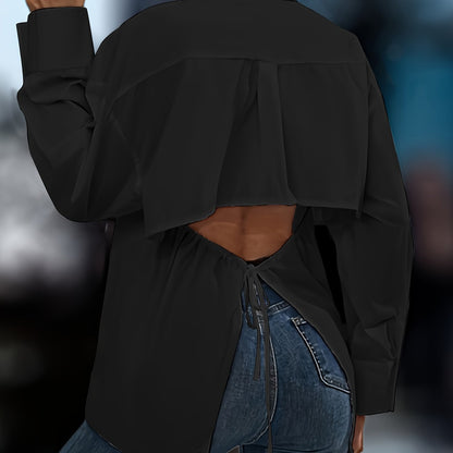 Chic Cut Out Blouse with Tied Detail - Flattering Long Sleeve Design for Spring & Fall - Versatile Womens Fashion Clothing