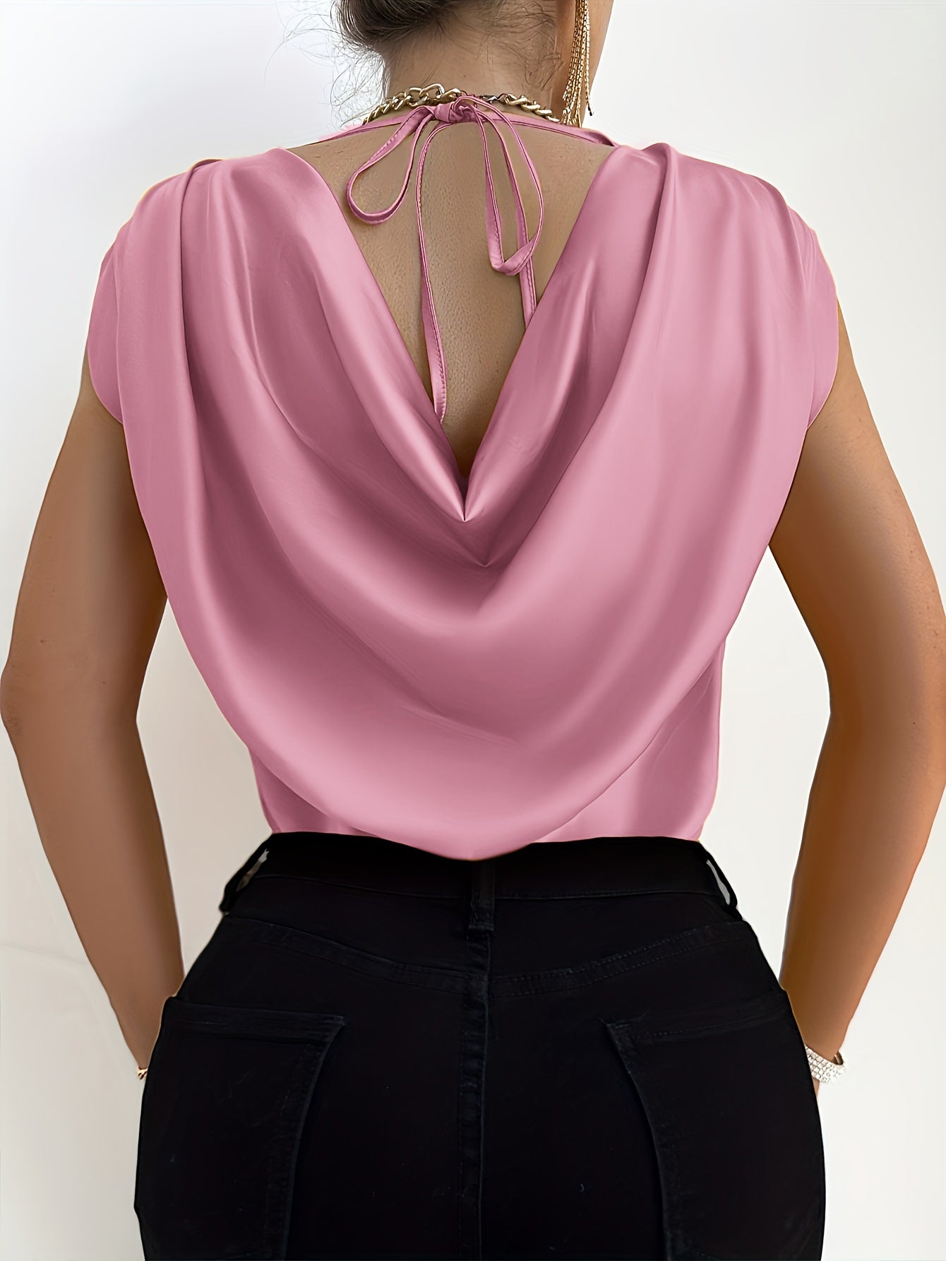 Solid Color Crew Neck Blouse, Elegant Short Sleeve Draped Tie Back Blouse For Spring & Summer, Women's Clothing