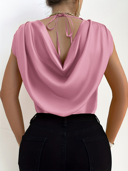 Solid Color Crew Neck Blouse, Elegant Short Sleeve Draped Tie Back Blouse For Spring & Summer, Women's Clothing