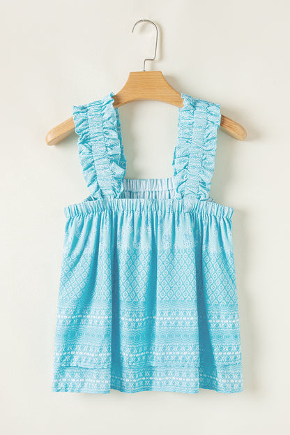 Sky Blue Tribal Pattern Print Ruffled Wide Straps Loose Tank Top