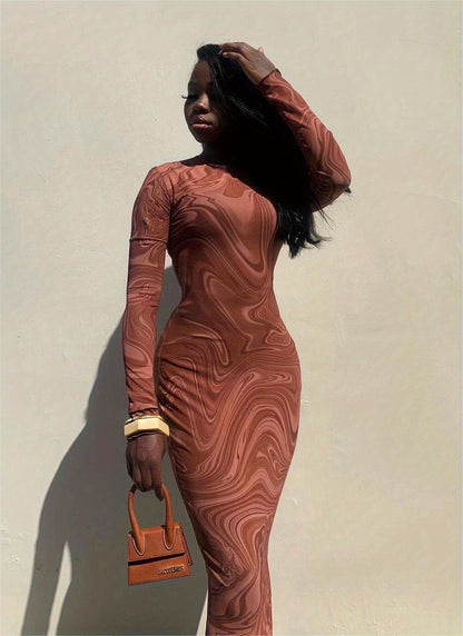 Abstract Ripple Print Dress, Sexy Mock Neck Long Sleeve Dress, Women's Clothing
