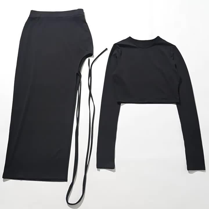 Sexy Two-Piece Outfit Set - Long Sleeve Crew Neck Slim Fit Crop Top & High Waist Asymmetrical Split Thigh Skirt - Women's Comfortable Bodycon Clothing for Daily Wear, Party, Date Night, and Special Occasions