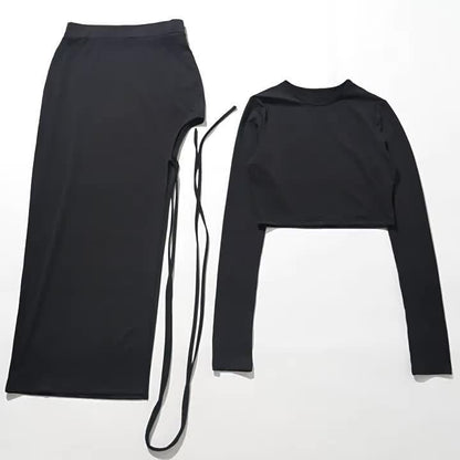 Sexy Two-Piece Outfit Set - Long Sleeve Crew Neck Slim Fit Crop Top & High Waist Asymmetrical Split Thigh Skirt - Women's Comfortable Bodycon Clothing for Daily Wear, Party, Date Night, and Special Occasions