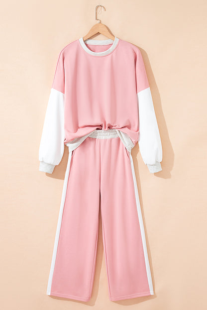 Light Pink 2pcs Color Block Pullover Loose Pant Set