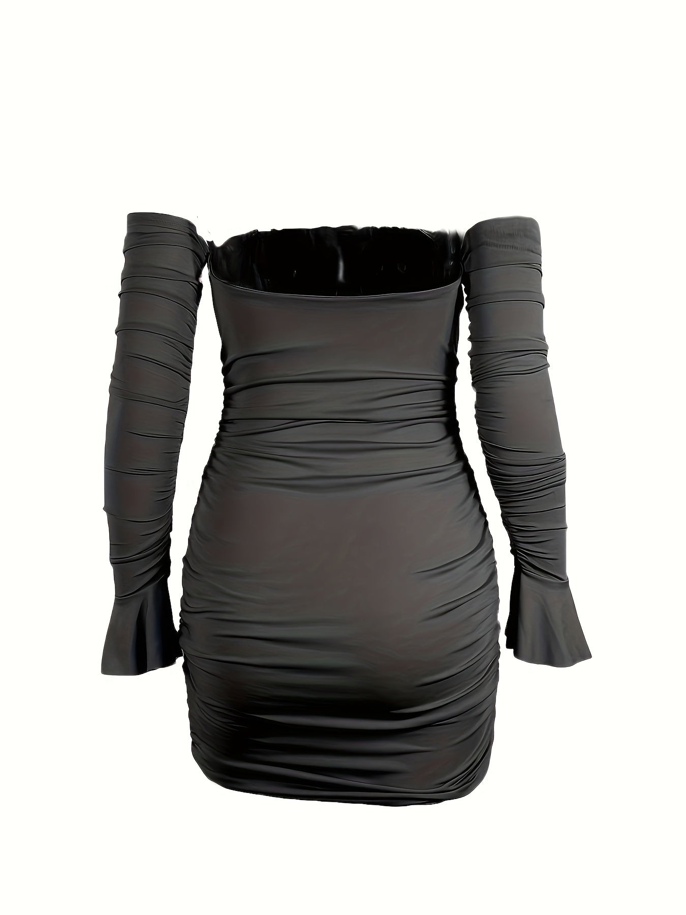 Off Shoulder Ruched Mini Dress, Chic Solid Color Long Sleeve Tie Bodycon Dress For Spring & Fall, Women's Clothing