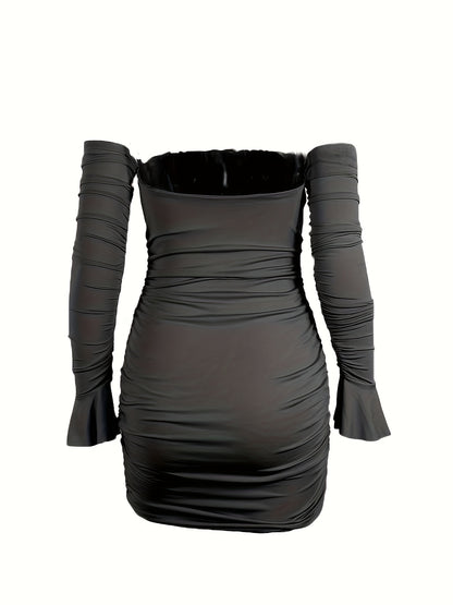 Off Shoulder Ruched Mini Dress, Chic Solid Color Long Sleeve Tie Bodycon Dress For Spring & Fall, Women's Clothing
