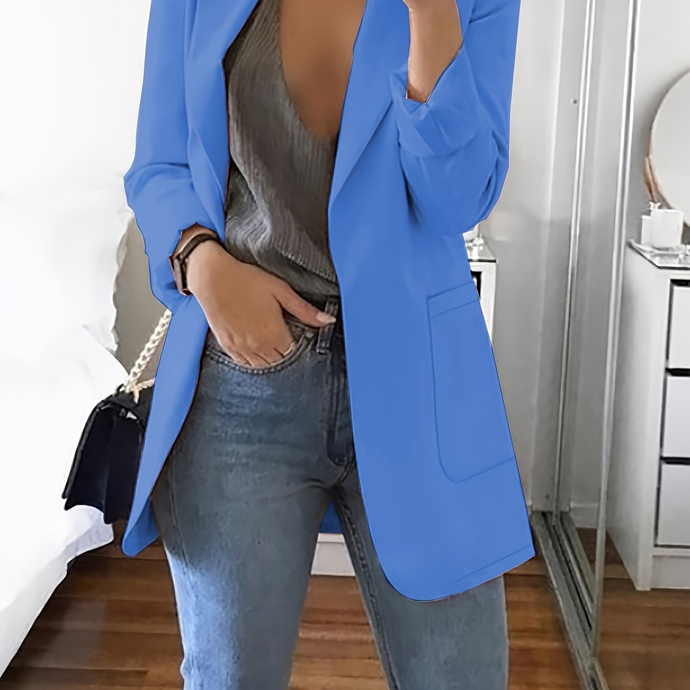 Stylish Blue Open Front Blazer for Women - Slim Fit, Long Sleeve, Casual Office & Work Jacket with Pockets, Lightweight Polyester, Machine Washable, Spring/Summer/Fall Wear, Casual Office Wear | Slim Fit Jacket | Glossy Finis
