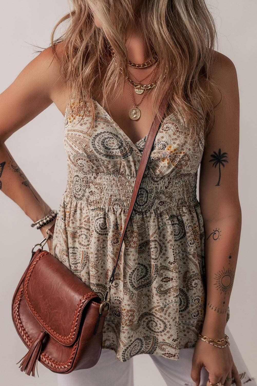Khaki Paisley Printed Spaghetti Strap V Neck Smocked Babydoll Tank Top