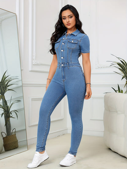 Trendy Washed Blue Skinny Fit Denim Jumpsuit - Soft, Comfortable, Single-Breasted, Short Sleeve, Relaxed Fit, Women's Fashionable Denim Overalls - Perfect for Casual Daily Wear, Outdoor Activities, and Street Fashion