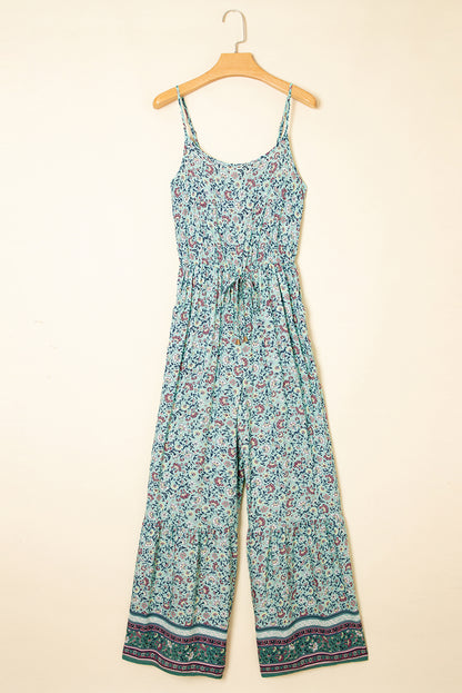 Green Bohemian Floral Ruffle Bottom Spaghetti Strap Jumpsuit