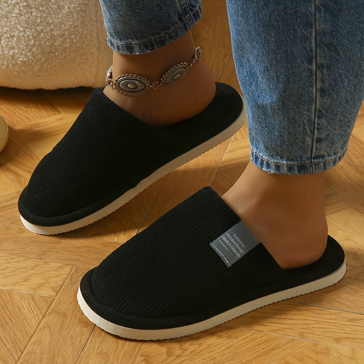 1 Pair Women'S Plush Lined Slip-On Slippers - Soft Fabric with TPR Sole, Comfortable Indoor Home Shoes, Round Toe, All-Season Use, Perfect Gift Idea, Cozy Home Slippers | Plush Lined Slippers | EVA Sole Slippers