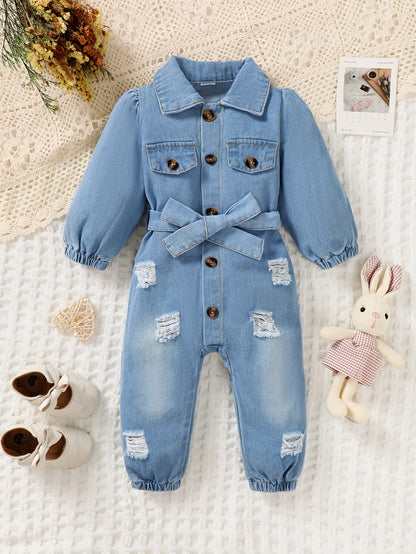 A Babygirl Open Collar Long Sleeve Ripped Denim Jumpsuit Spring And Autumn