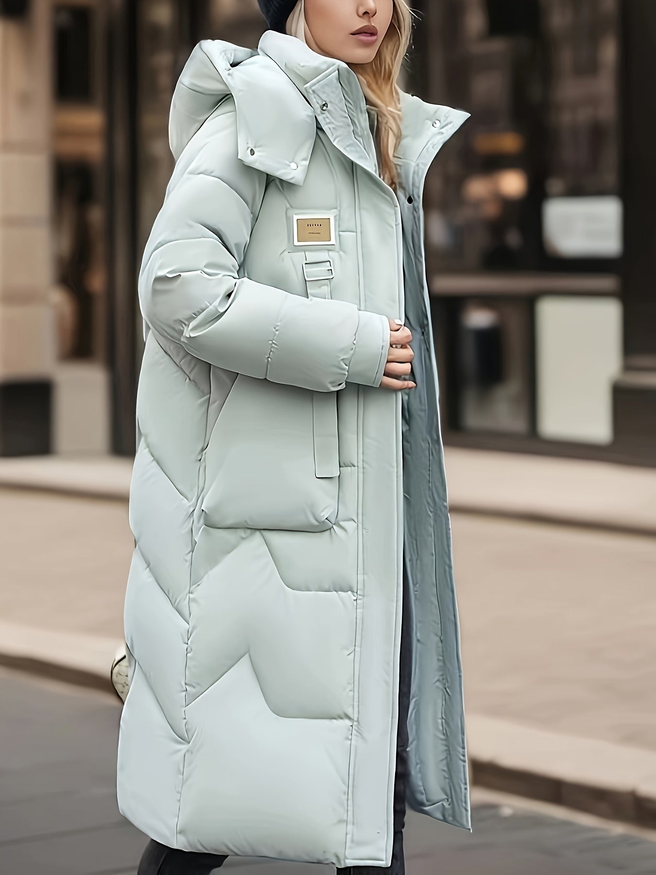 Women's Light Green Long Winter Coat - Warm Casual Padded Jacket with Zippered Pockets, Hood, and Adjustable Drawstrings for Holiday Style, Winter Clothes