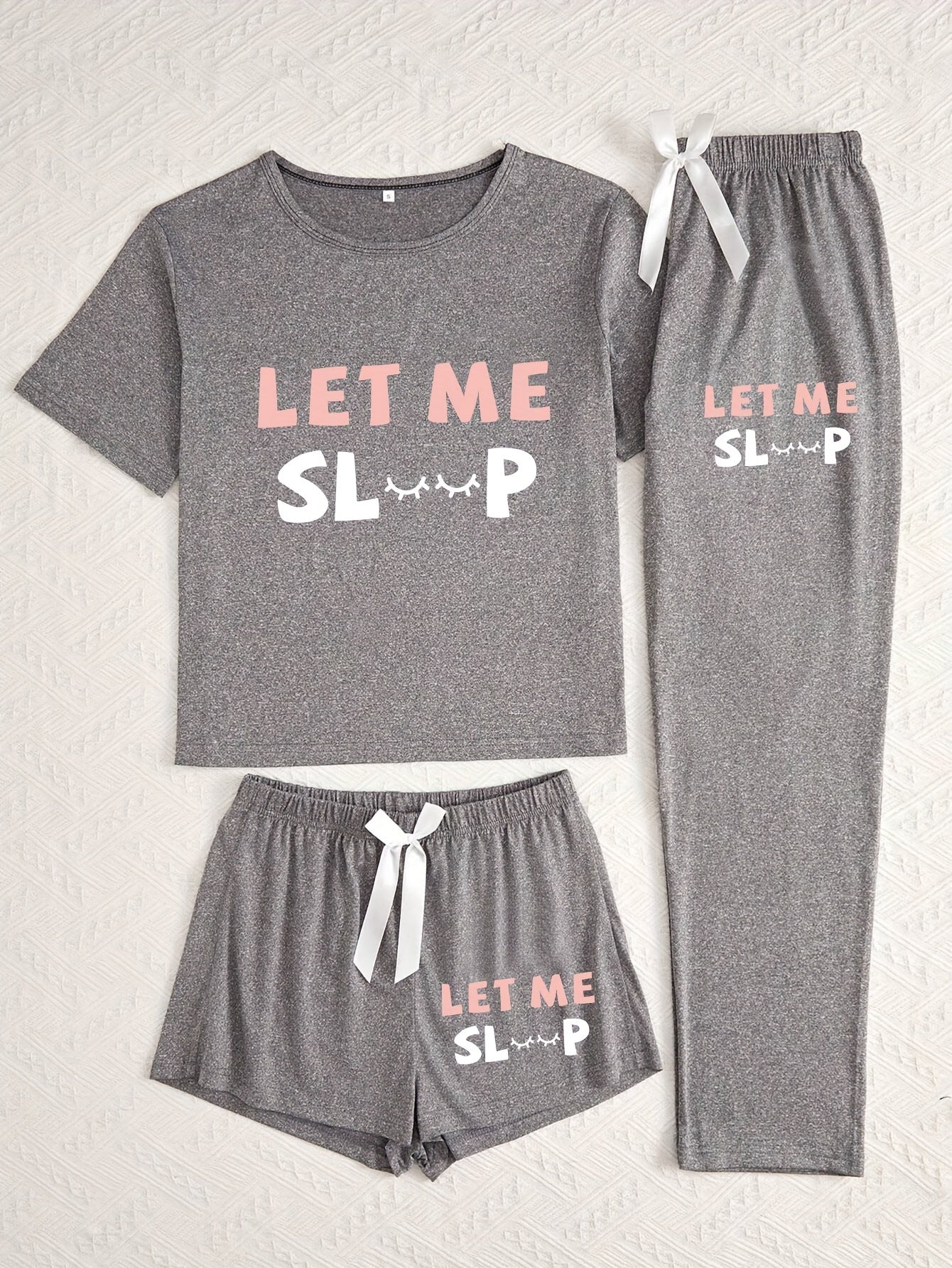 3pcs Women'S Pajama Set, Simple Style Knit Polyester Sleepwear, with Alphabet Print, Crew Neck, Bow Detail, for All Season Comfort Loungewear