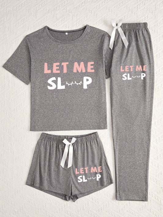 3pcs Women'S Pajama Set, Simple Style Knit Polyester Sleepwear, with Alphabet Print, Crew Neck, Bow Detail, for All Season Comfort Loungewear