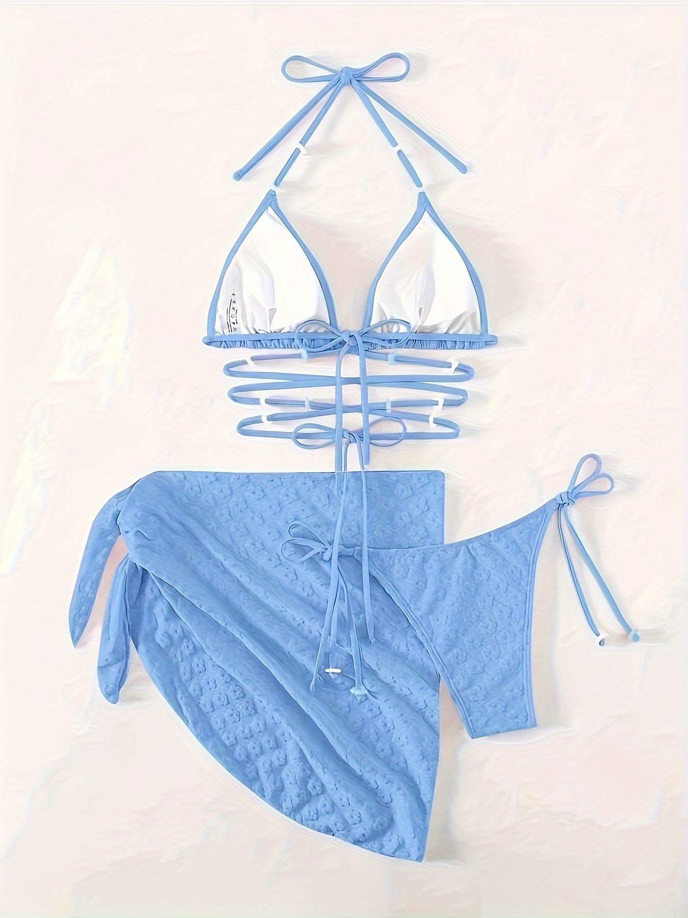 3-Piece Womens Chic Plain Textured Bikini Set - Flattering Halter Top, Adjustable Tie-Side Bottoms, Stylish Wrap Skirt for Beach & Pool Fashion