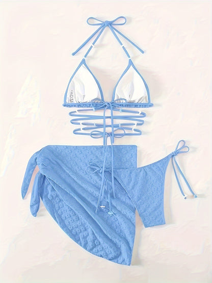 3-Piece Womens Chic Plain Textured Bikini Set - Flattering Halter Top, Adjustable Tie-Side Bottoms, Stylish Wrap Skirt for Beach & Pool Fashion