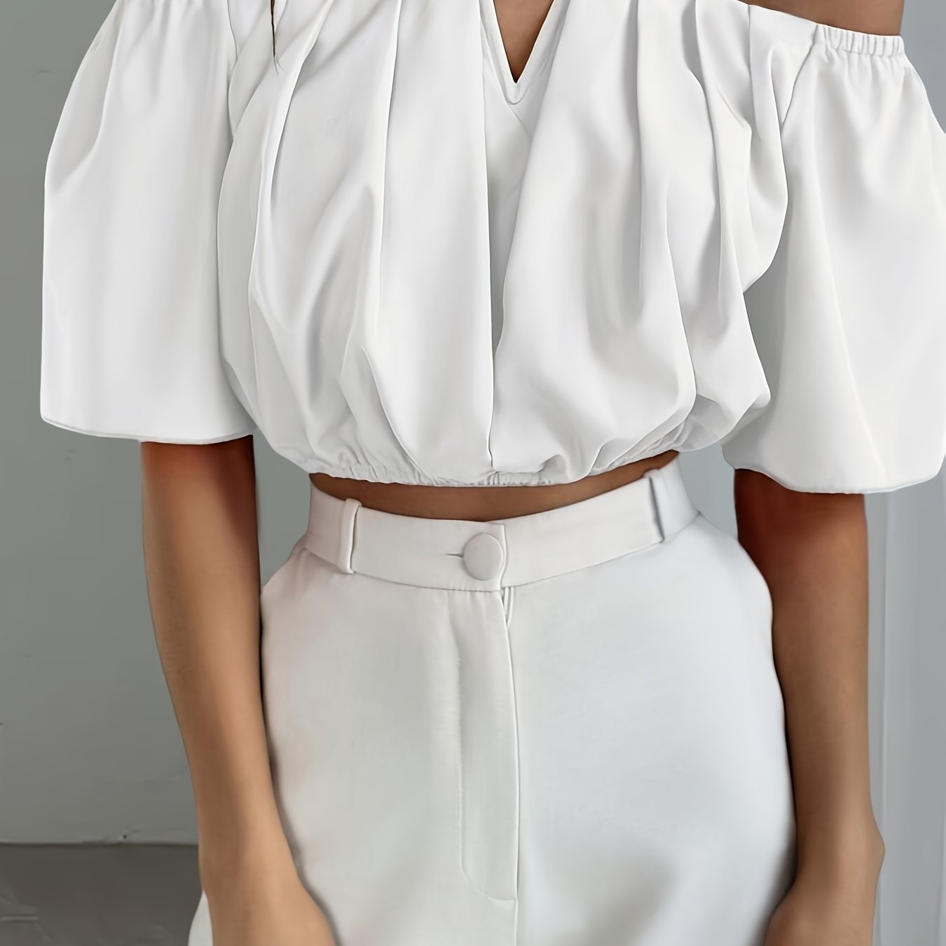 Sexy Off-the-Shoulder Crop Top Blouse - Stylish Short Sleeve Polyester Solid Color Notch Neck Design for Spring and Summer - Womens Fashion Clothing for All Seasons