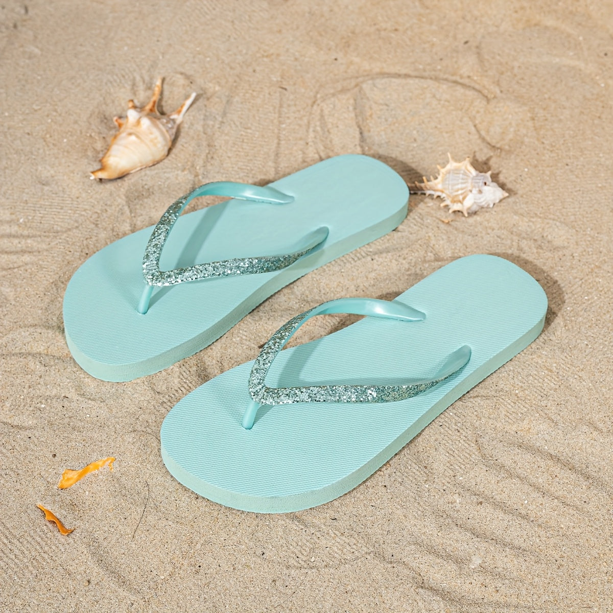 [Glitter Flip-Flops] Light Blue Women's Minimalist Glitter Flip-Flops | TPU Upper with EVA Sole, Flat Sandals for Summer Beach & Casual Wear