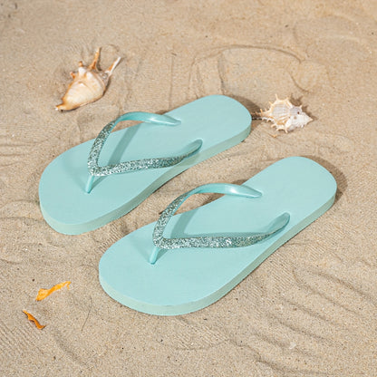 [Glitter Flip-Flops] Light Blue Women's Minimalist Glitter Flip-Flops | TPU Upper with EVA Sole, Flat Sandals for Summer Beach & Casual Wear