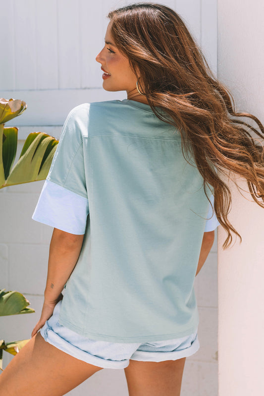 Smoke Green Frayed Denim Star Patched Oversize T Shirt