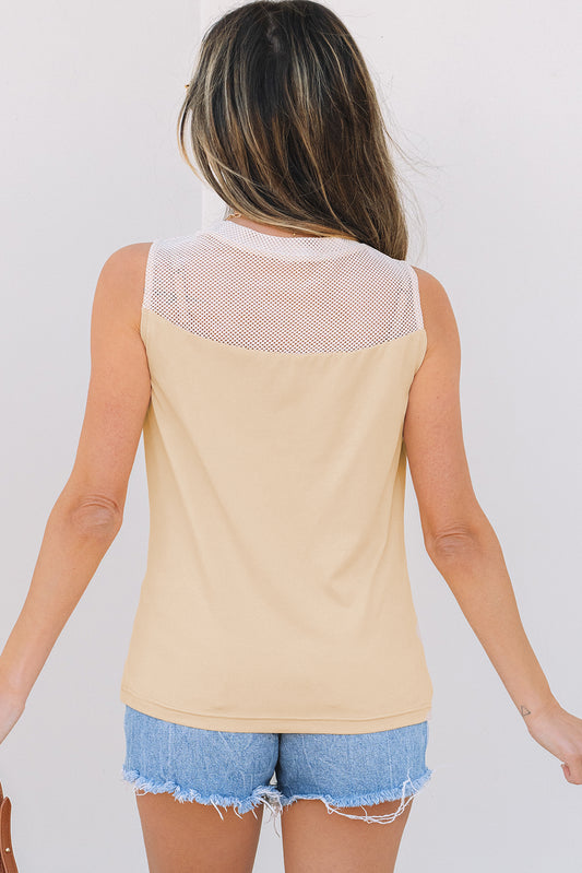 Oatmeal Solid Mesh Patchwork Crew Neck Tank Top