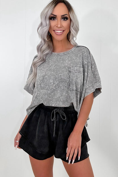 Black Mineral Wash French Terry Drawstring Elastic Waistband Casual Shorts