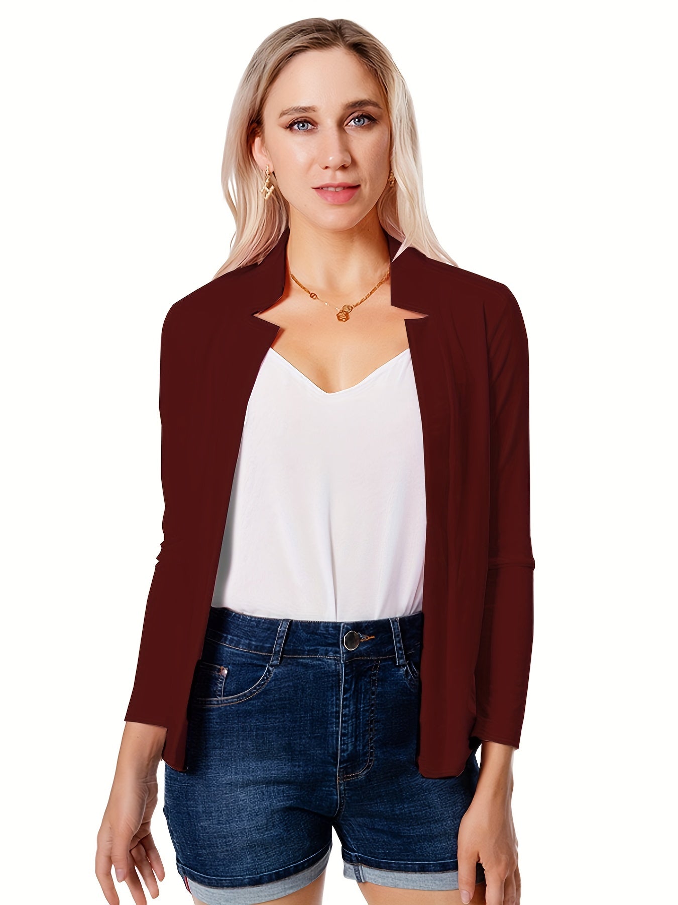 Solid Open Front Blazer, Casual Long Sleeve Blazer For Office & Work, Women's Clothing