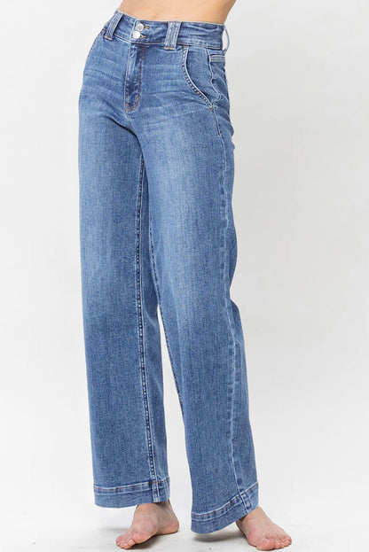 Sky Blue Double Button Zip Fly Straight Leg Jeans