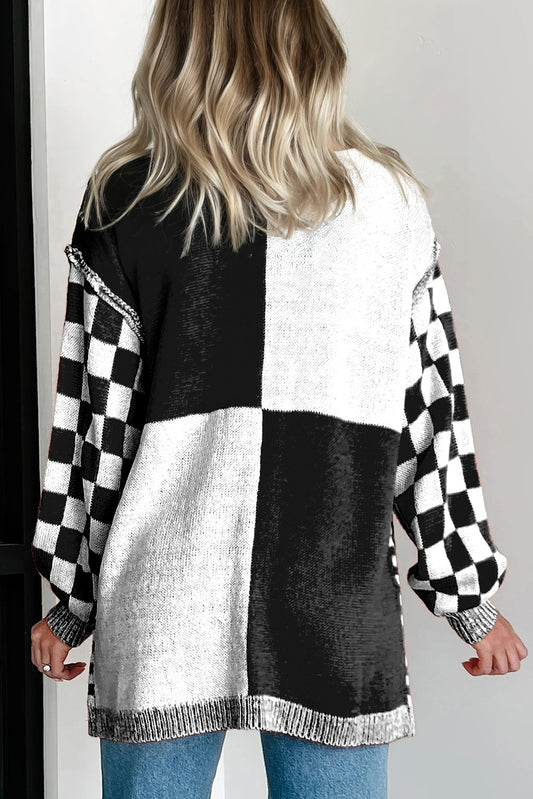 Black Plus Size Checkered Bubble Sleeve Drop Shoulder Open Cardigan