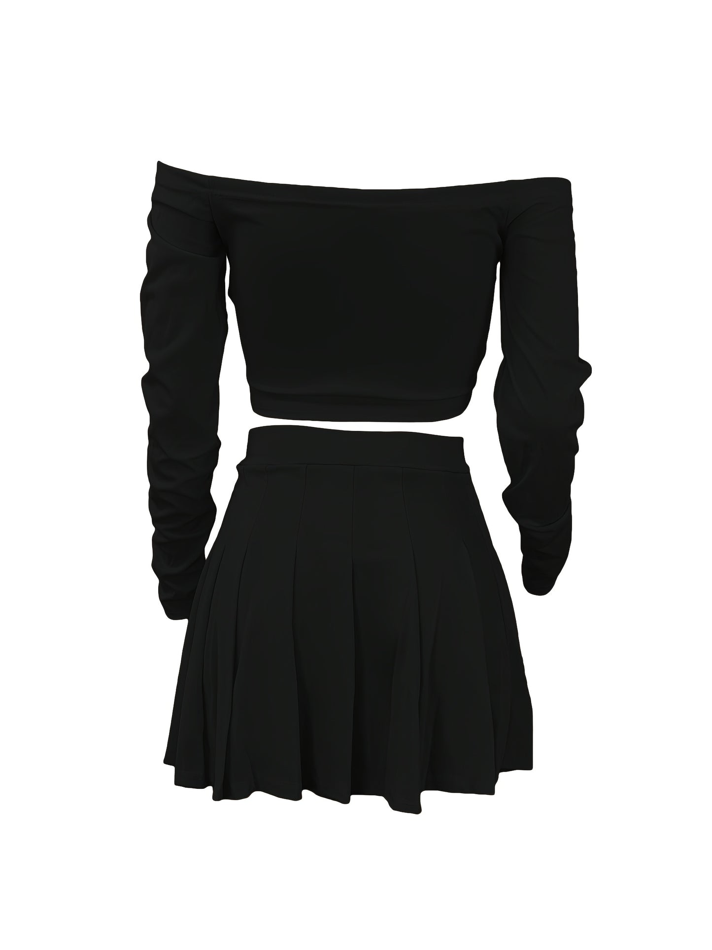 Solid Elegant Two-piece Set, Off Shoulder Long Sleeve Crop Top & Pleated Mini Skirt Outfits, Women's Clothing