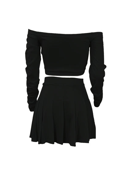 Solid Elegant Two-piece Set, Off Shoulder Long Sleeve Crop Top & Pleated Mini Skirt Outfits, Women's Clothing