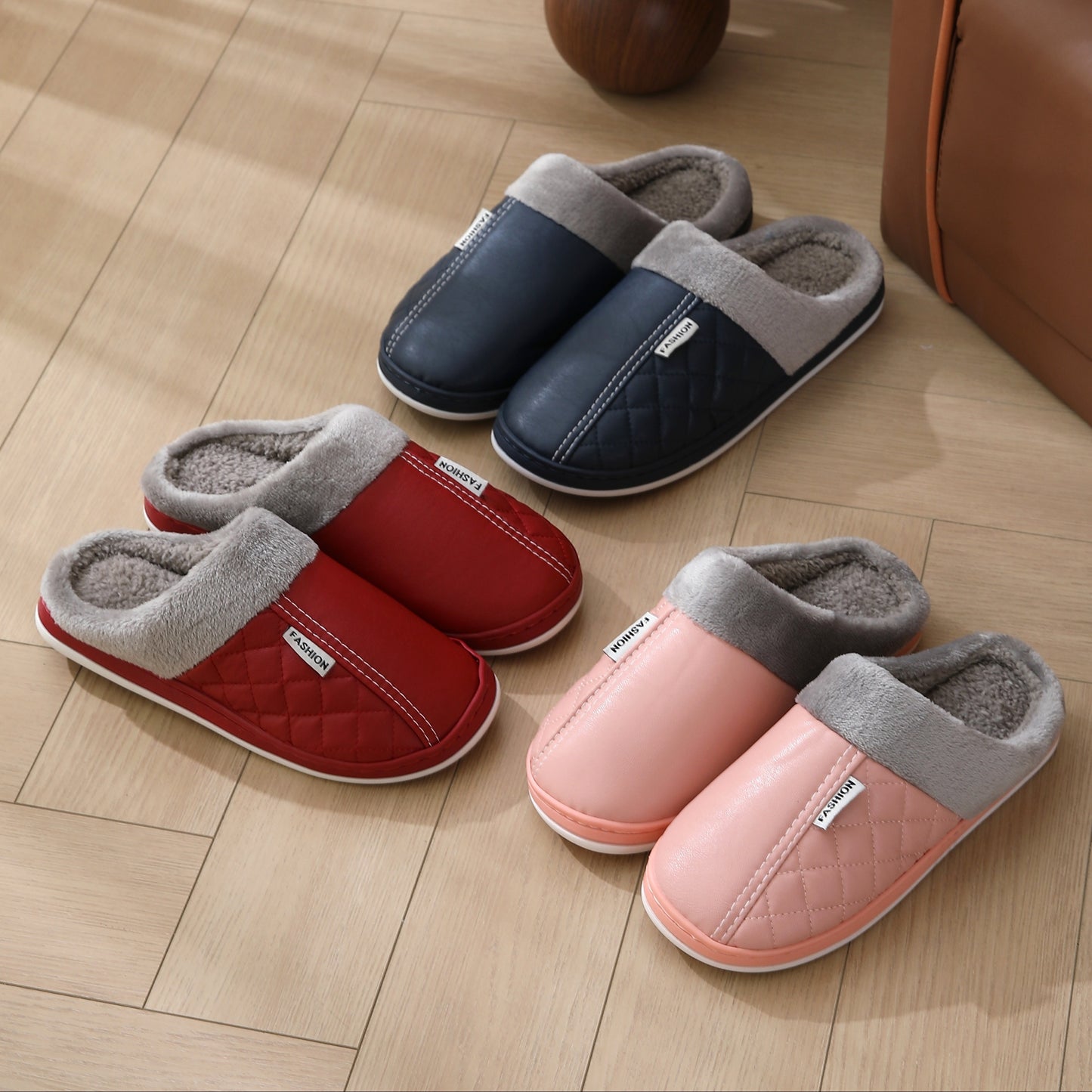 [Cozy Plush Slippers] Warm Cozy Plush Home Slippers for Men and Women | Faux Fur Lined, Durable TPR Sole, Quilted Design, Indoor/Outdoor Use, Available in Navy Blue, Red, Pink, and Gray