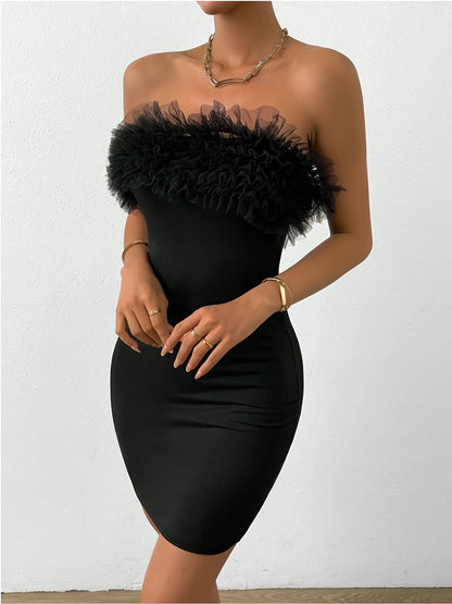 Mesh Trim Tube Dress, Elegant Solid Off Shoulder Bodycon Dress, Women's Clothing