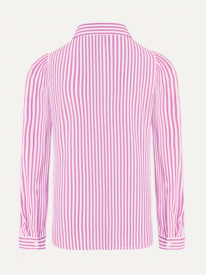 Vibrant Striped Print Long Sleeve Blouse - Soft, Breathable, Relaxed Fit, Single-Breasted Design, Casual Chic Style for Spring and Fall Seasons - Women's Comfortable Clothing for Everyday Wear