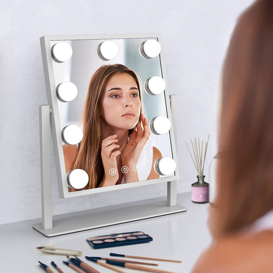 Makeup Mirror with Lights, Hollywood Makeup Mirror with 3 Color Modes and 9 Adjustable LED Bulbs, Zoom in 360° Rotation Touch Control