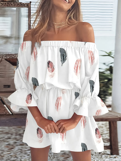 Stunning Off-Shoulder Feather Print Maxi Dress - Chic Flounce Sleeves, Flowy Bohemian Design, Summer Casual Wear, Elegant Party Dress for Women - Soft Fabric, Relaxed Fit, and Comfortable to Wear