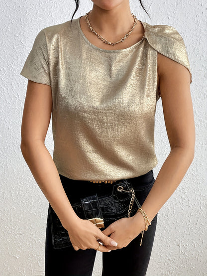 Solid Crew Neck Blouse, Elegant Twist Sleeve Top For Spring & Summer, Women's Clothing