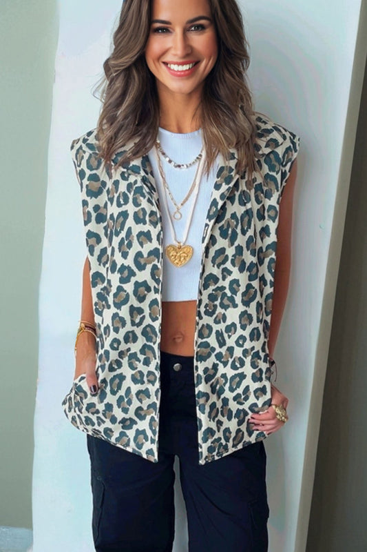 Brown Leopard Open Front Jacket Vest