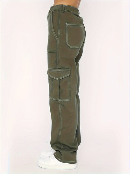 High-Waisted Army Green Denim Cargo Pants - Flap Pockets, Comfortable Loose Fit, Casual Everyday Wear - Y2K Vintage Style