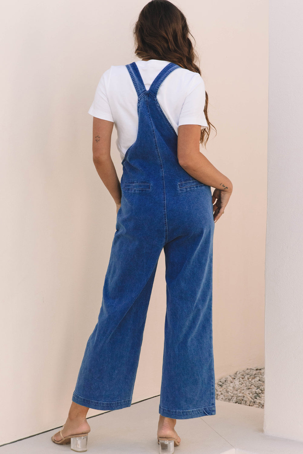 Prussian Blue Mineral Wash Knotted Strap Patched Pocket Wide Leg Denim Overall