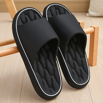 [Comfortable Slides] Comfortable Unisex EVA Slides | Non-Slip Indoor/Outdoor Slippers for Men and Women, Black with White Trim, Textured Sole for Enhanced Grip, Perfect for Home, Bathroom, or Casual Use, House Slippers