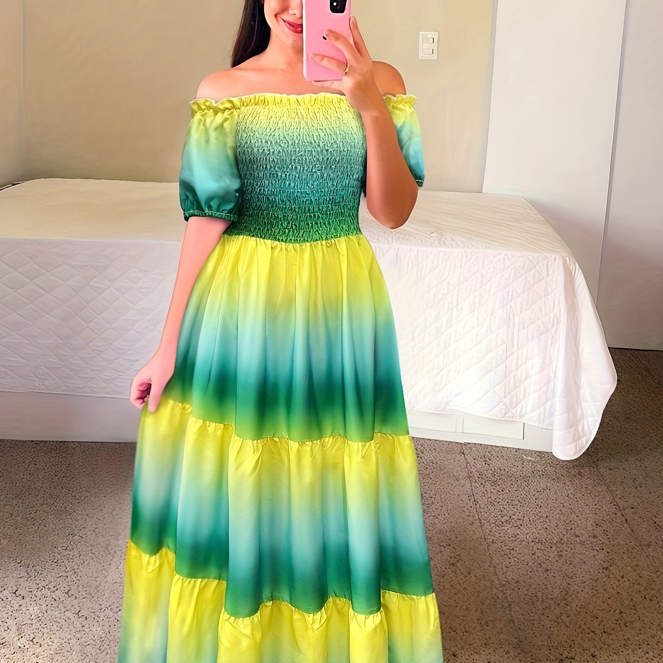 Gradient Print Tiered Dress, Casual Off Shoulder Shirred Party Dress, Women's Clothing